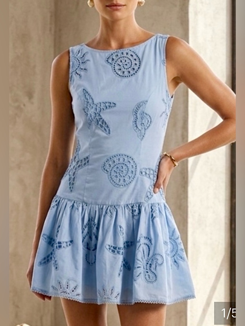 Caroline Constas Sea Shells Motifs Eyelet mini dress COTTON blue size 6